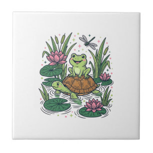 Carreau Cute Frog Riding Turtle Pond Vintage Vector Art_1