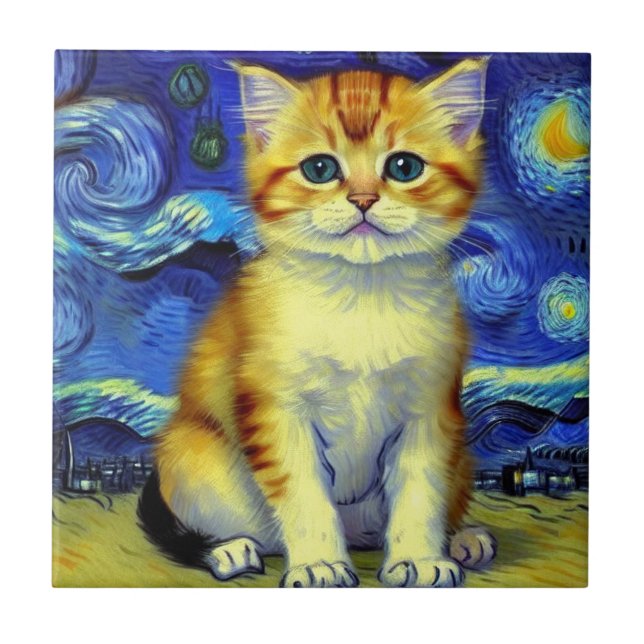 Carreau Cute Kitten Starry Night Van Gogh (Devant)