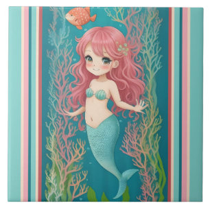 Carreau Cute Mermaid - Redhead Cartoon fille avec la queue