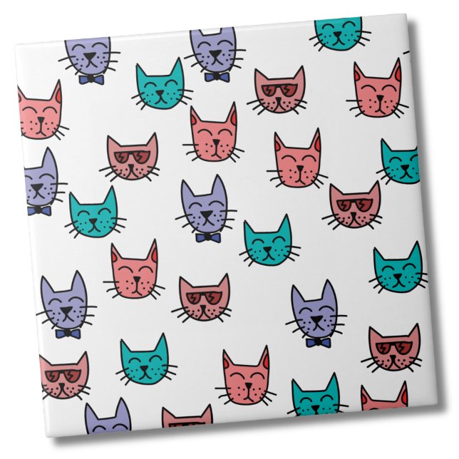 Carreau Cute Motif de chat coloré (Sketch Cat Pattern - Turquoise Pink Purple Ceramic Tile)