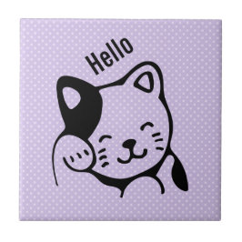 Carreau Cute noir et blanc Kitty Chat Waving Bonjour