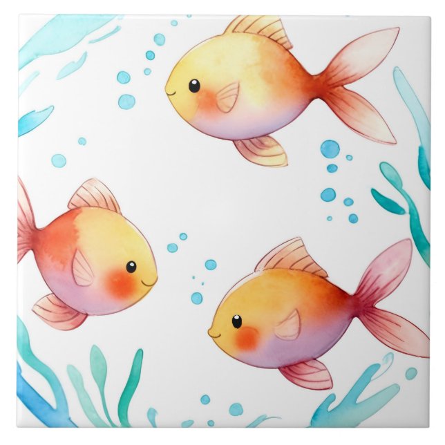 Carreau Cute Or Poisson Aquarelle Océan Mer Nautique (Devant)