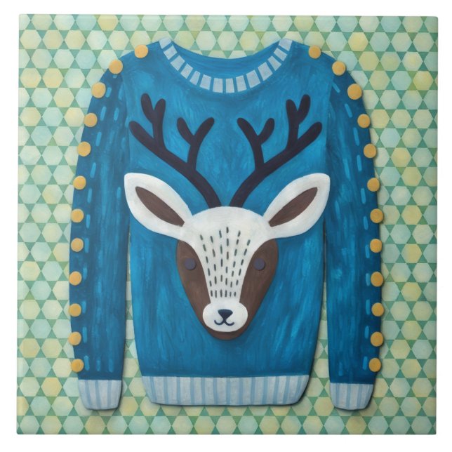 Carreau Cute Reindeer Ugly Sweater Holiday Art Tile (Devant)