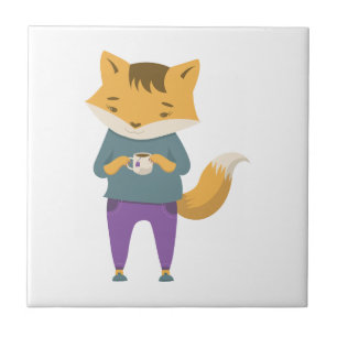 Carreau Cute renard avec tasse de thé