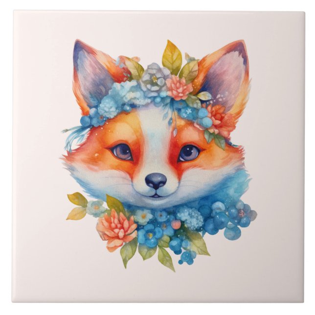 Carreau Cute Renard orange avec Couronne florale (Devant)