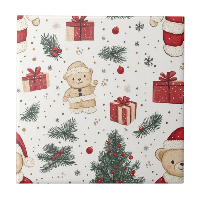 Carreau Cute Teddy Bear & Santa on White (3) (Devant)