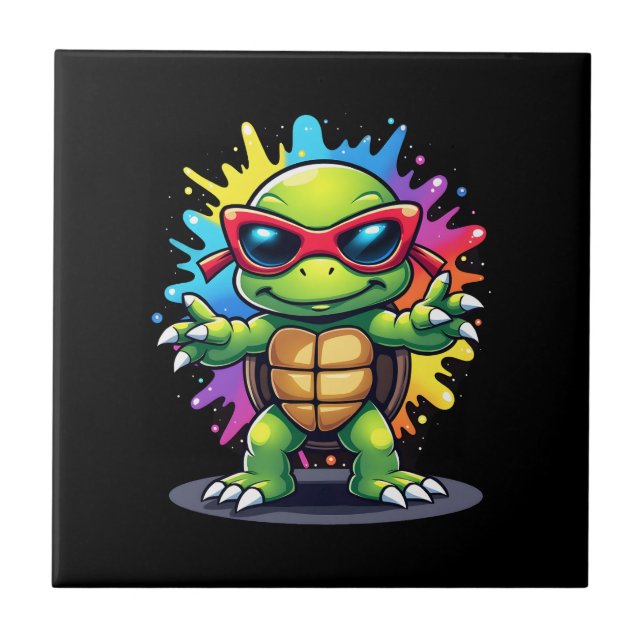 Carreau Cute Turtle Wearing Sunglasses Paint Splash Sea An (Devant)