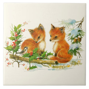 Carreau Cute Vintage Foxes Retro Christmas Scene