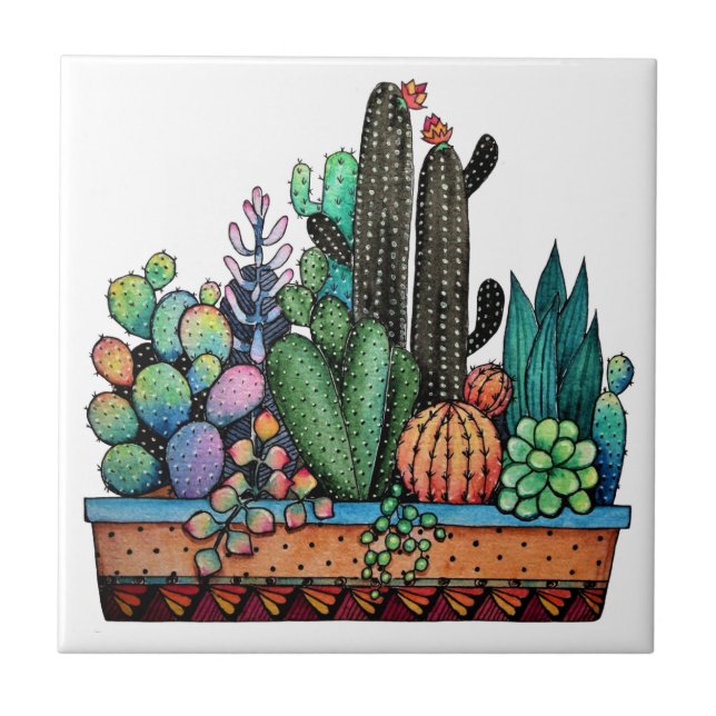 Carreau Cute Watercolor Cactus Garden (Devant)