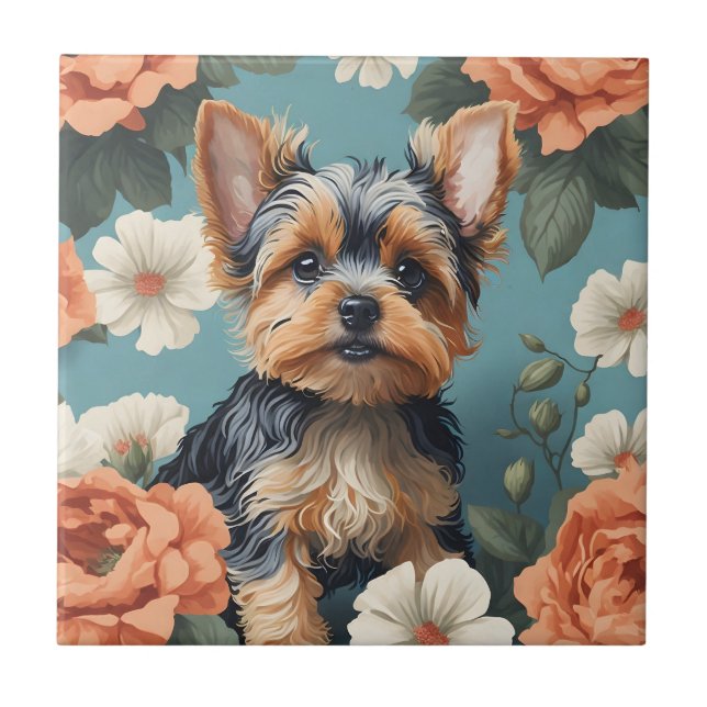 Carreau Cute Yorkshire Terrier Puppy Floral (Devant)