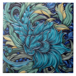 Carreau Cyan foncé et vert Art Nouveau Motif floral