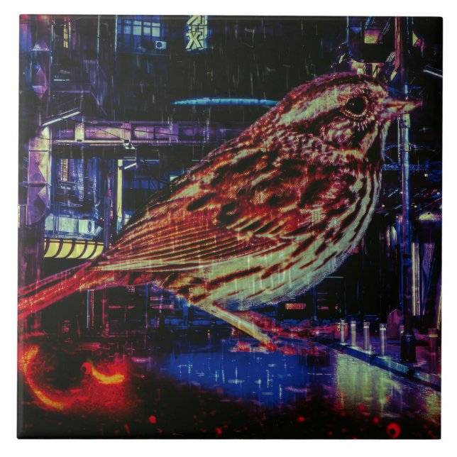 Carreau Cyberpunk Sparrow dans Neon Cityscape (Devant)