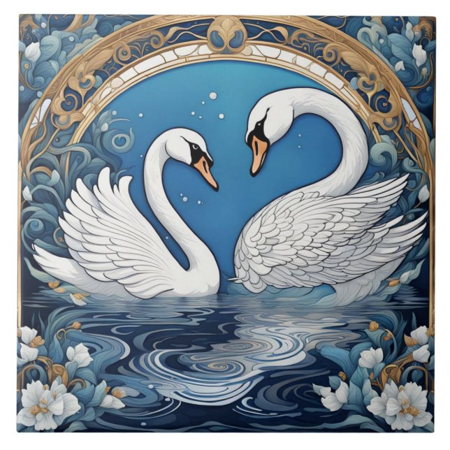 Carreau Cygnes blancs sur le lac Art Nouveau Oiseau Art Dé (Devant)