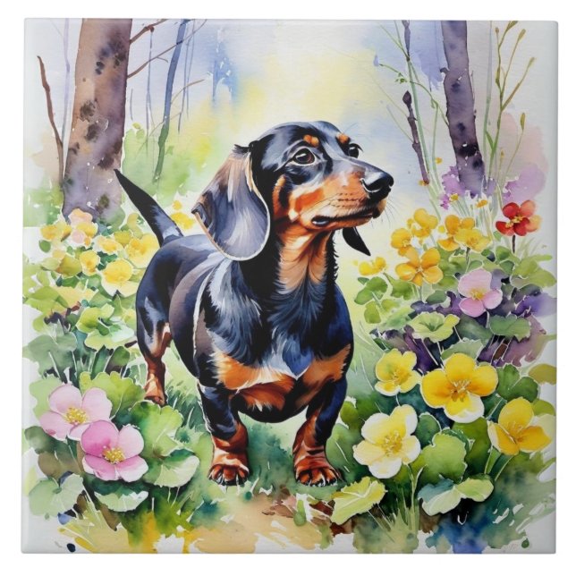 Carreau Dachshund Cute Saucage Chien Printemps Fleurs Prim (Devant)