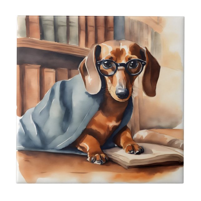 Carreau Dachshund vintage dans l'ancienne bibliothèque (Devant)