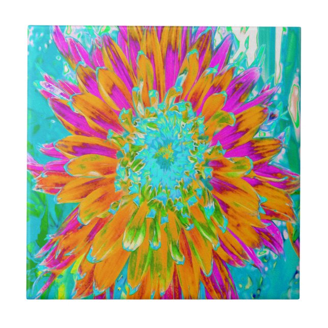 Carreau Dahlia décorative tropicale orange et rose chaud (Devant)