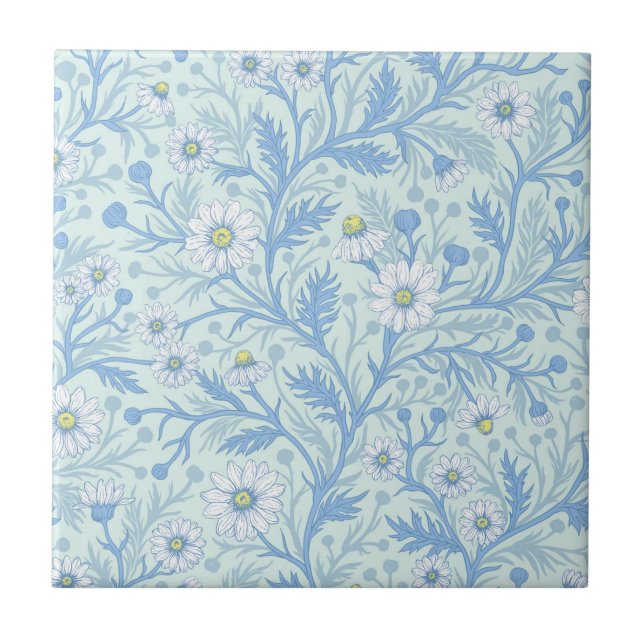 Carreau Daisies in white and blue on sea glass (Devant)
