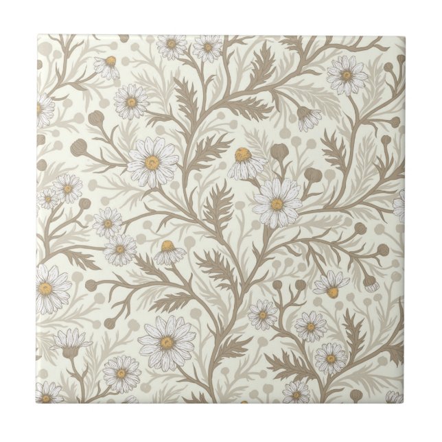 Carreau Daisies in white and brown on off white (Devant)