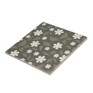 Carreau Daisy Moderne Ferme au Vert Sauge Foncé Floral