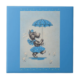 Carreau Dame de chien écossaise portant un parapluie