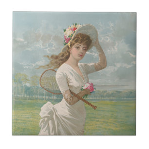 Carreau Dame de tennis victorienne avec chapeau à fleurs A