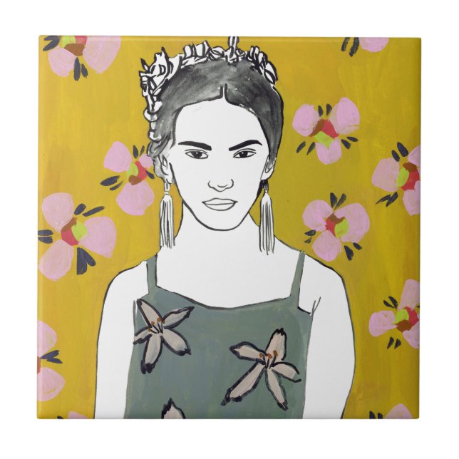 Carreau Dame en fleurs roses - Jaune (Devant)