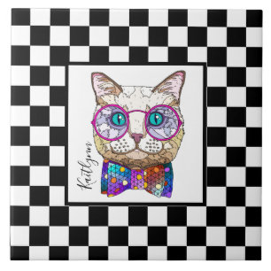 Carreau Damier rétro N&B, chat hipster, personnalisé