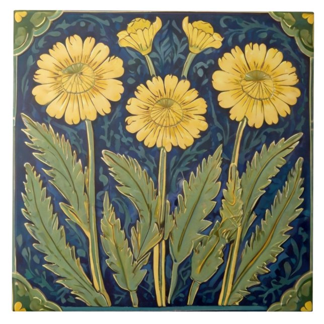 Carreau Dandelion Fleurs Art Déco Nouveau Jaune Floral (Devant)