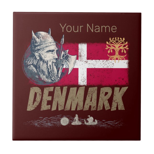 Carreau Danemark pavillon vintage viking et navire souveni (Devant)