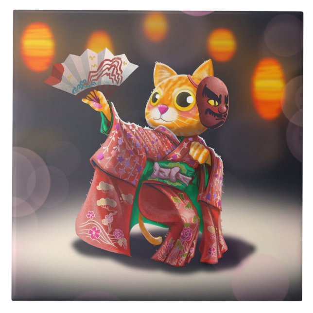 Carreau Danseur de chat japonais en costume traditionnel (Devant)