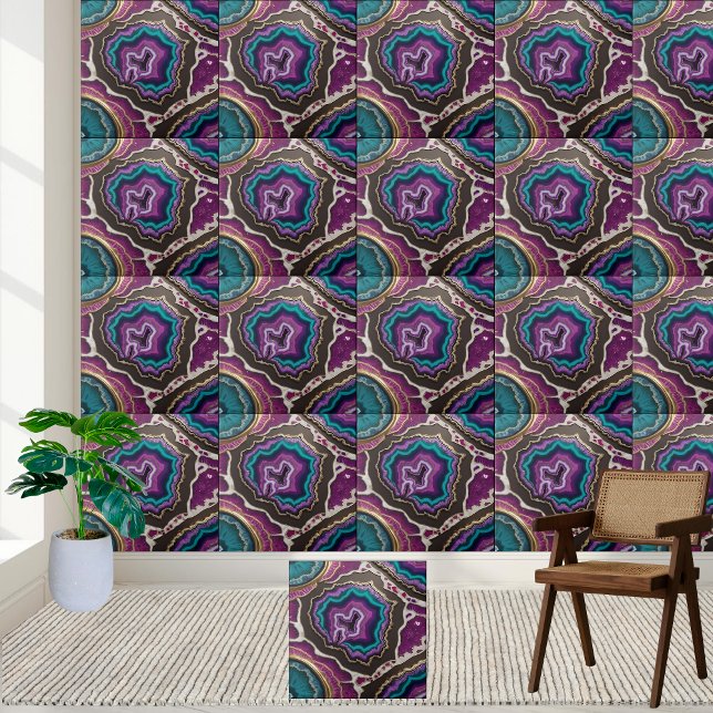 Carreau d'art de la résine de géoode turquoise et  (Teal and Purple Geode Resin Art Tile)