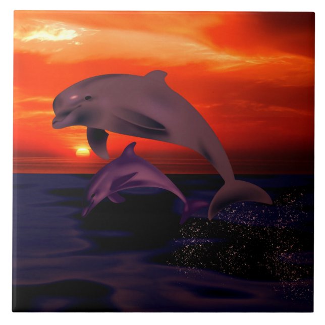 Carreau Dauphins de saut nautique Coucher de soleil orange (Devant)