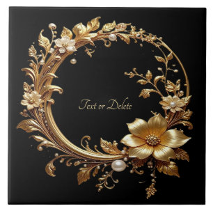 Carreau de céramique à cadre orné de fleurs dorées