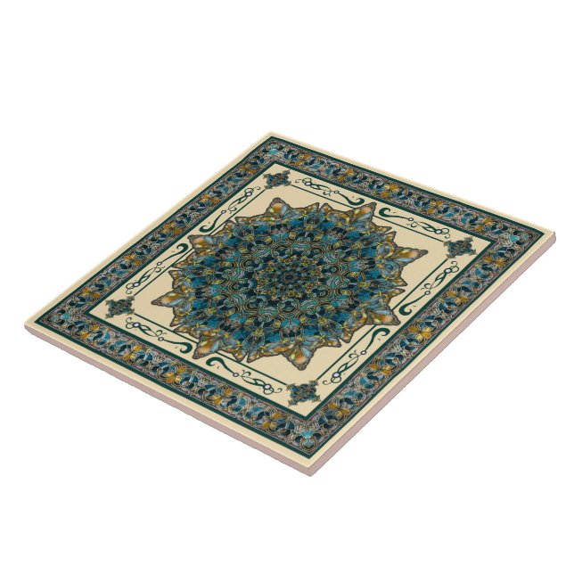 Carreau de céramique de mandala turquoise et bleu (Côté)