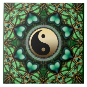 Carreau de céramique de Yin Yang d'or de coeurs de