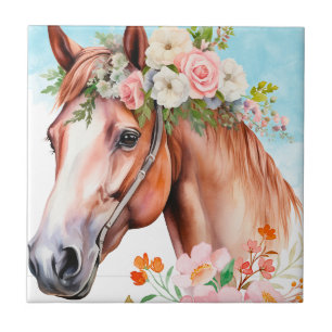 Carreau de céramique décoratif Cheval Fleurs à l'a