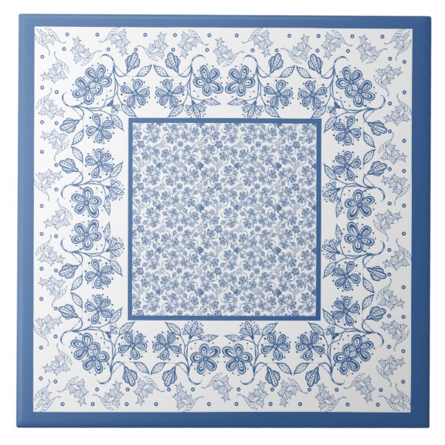 Carreau de céramique d'indigo de frontière florale (Devant)
