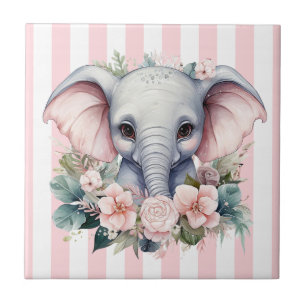 Carreau de céramique Éléphant floral rayé rose et