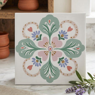 Carreau de céramique floral pastel rose et vert d'