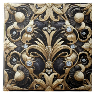 Carreau de céramique noir et or Art Déco de luxe