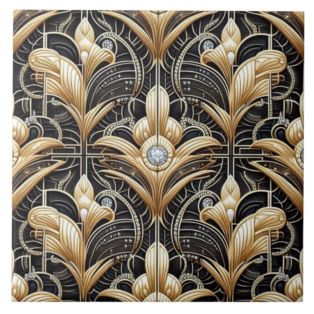 Carreau de céramique noir et or de luxe Art Déco (Devant)