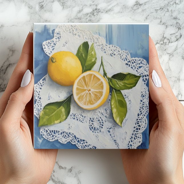 Carreau de céramique vintage Lemon Lace Charme de  (Lemons on Lace Ceramic Tile - Country Farmhouse Style - Bridal Shower Favors)