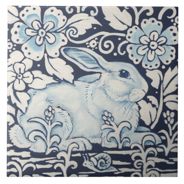 Carreau Décor bleu marine Rabbit, Fleurs de jardin escargo (Devant)