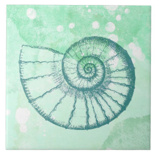 Carreau Décor de plage spirale coquillage aquarelle bleue