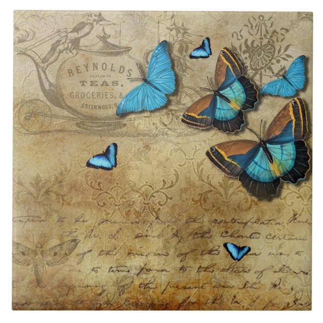 Carreau Découpage rustique antique N Papillons bleus (Devant)