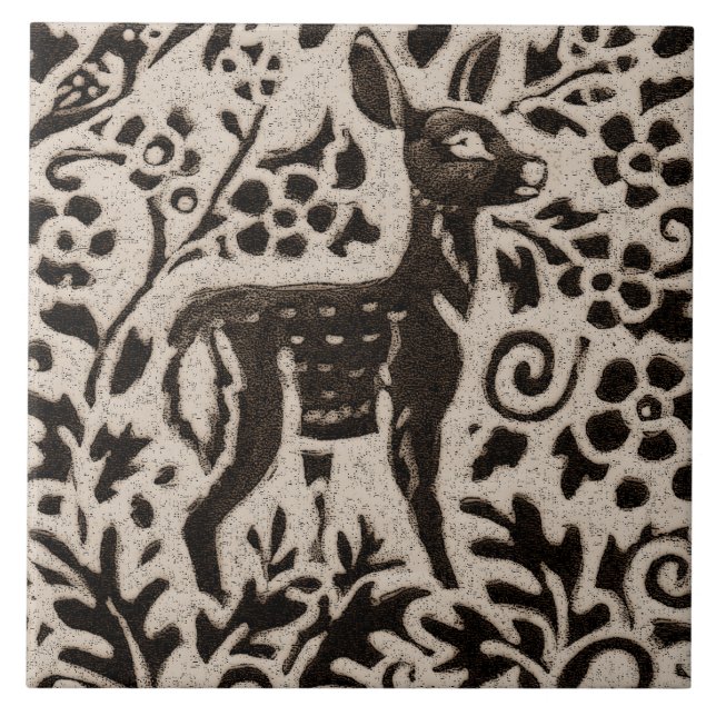 Carreau Deer Fawn Batik Stoneware Woodland Animal Tan Grey (Devant)