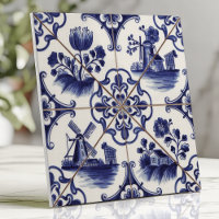 Delftware traditionnel bleu floral et moulin à ven