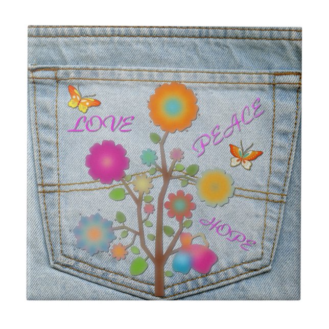 Carreau Denim Back Fleurs de poche Paix Amour Espoir Carre (Devant)