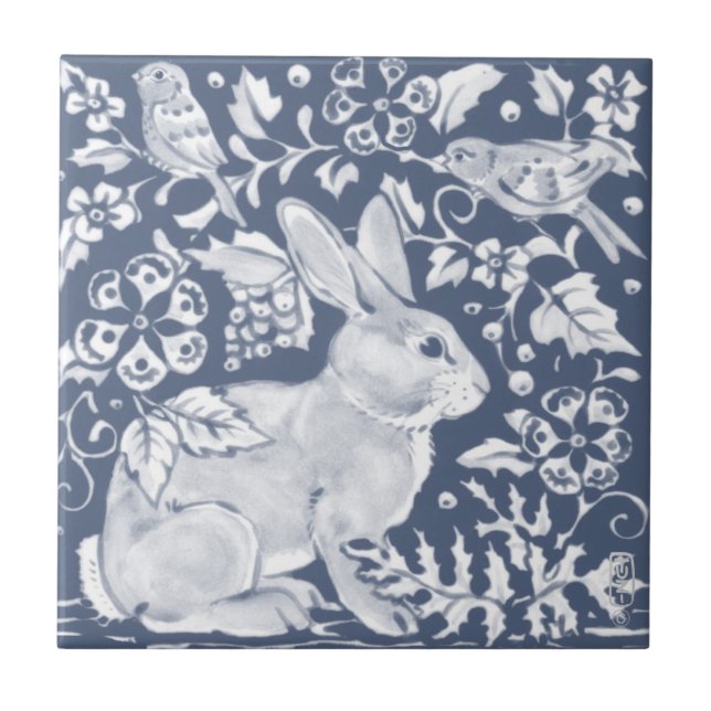 Carreau Denim Blue Rabbit Bunny Birds Floral Dedham Delft (Devant)