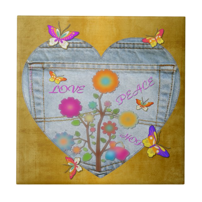 Carreau Denim Pocket Heart Flowers Papillons sur Or (Devant)